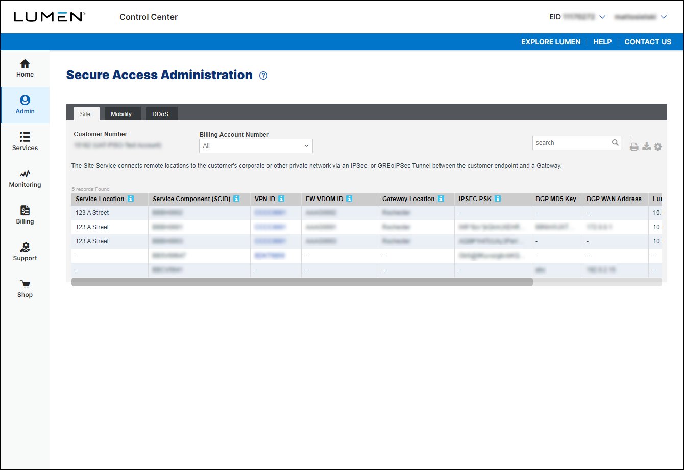 Secure Access Administration (showing Site tab)