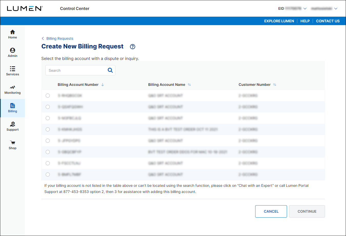 Create Billing Request (showing billing accounts)