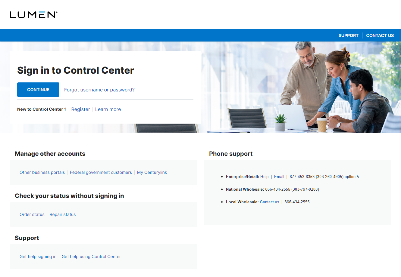 Control Center login page