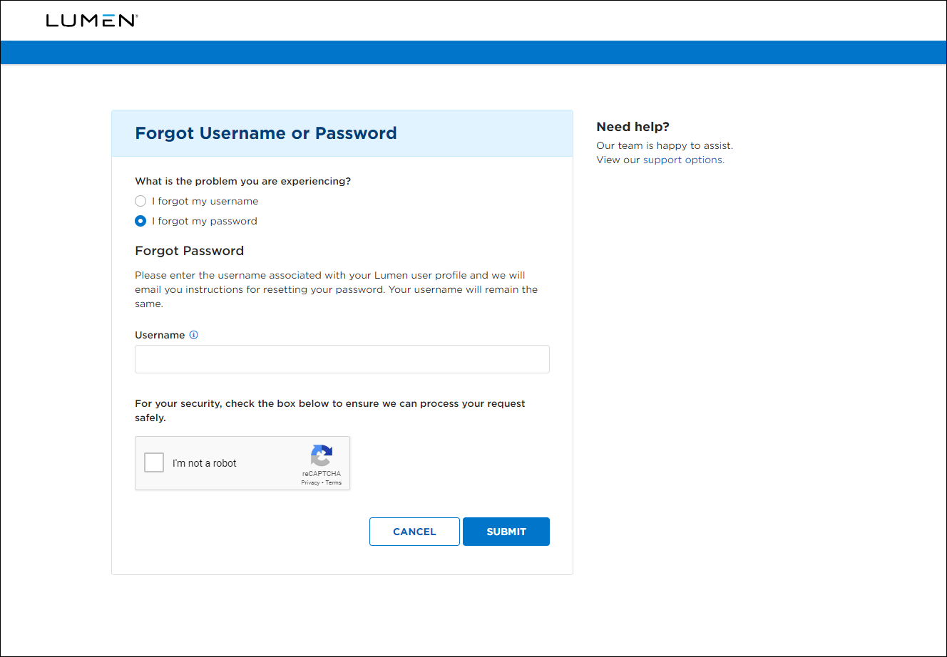 Forgot Username or Password (showing Forgot Password selected)