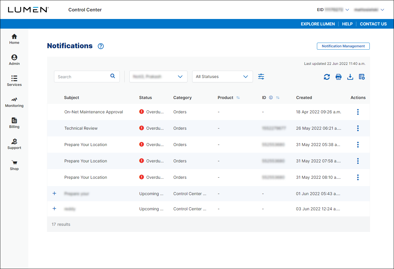 Notifications (system administrator view)
