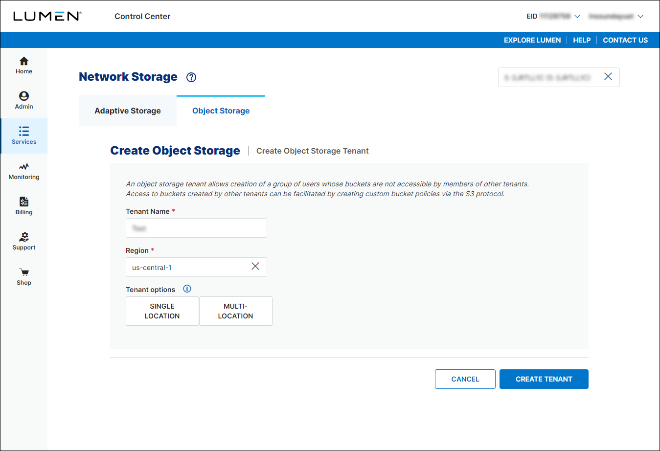 Object Storage (showing Create Tenant with region selected)