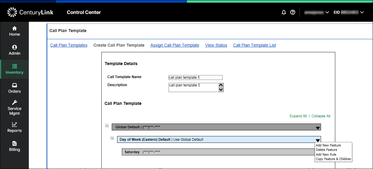whsl inventory tfn call plan template create new global default feature options
