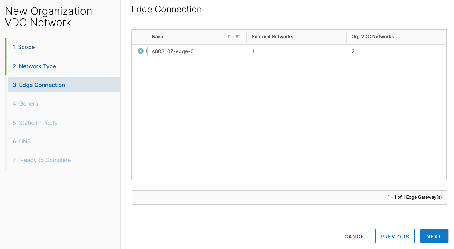 New Organization VDC Network window, Edge Connection section.