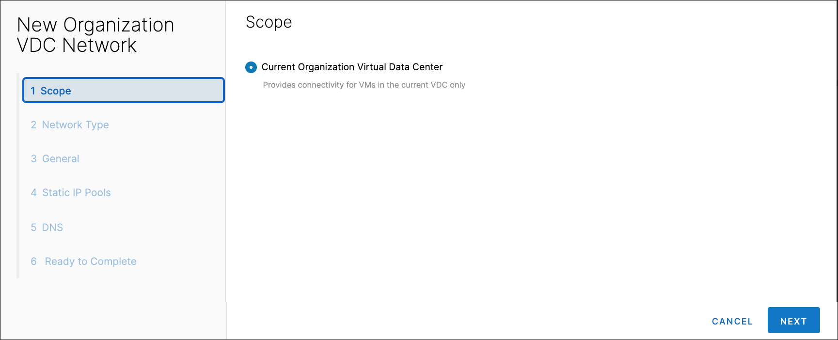 New Organization VDC Network window, Scope section.