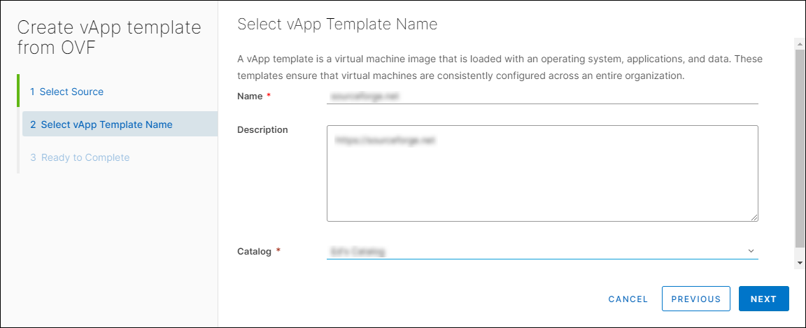 Create vApp template from OVF window, Select vApp Template Name section