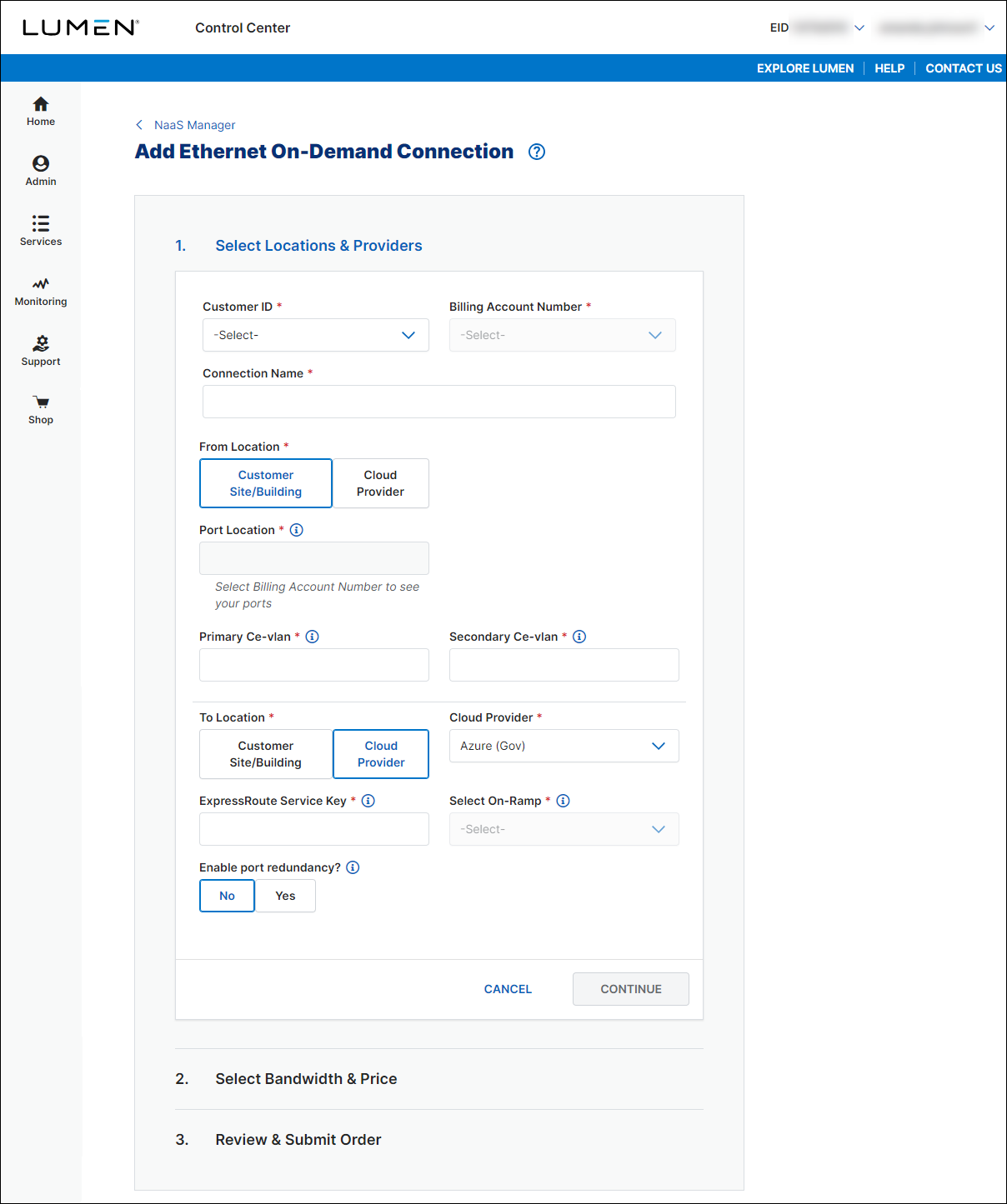 NaaS Ethernet On-Demand connection from your location to Azure Gov