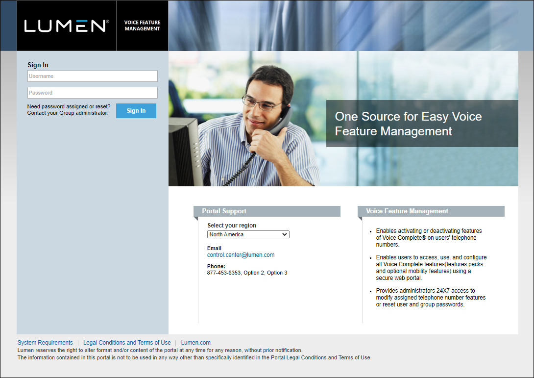 Voice Feature Management portal login page