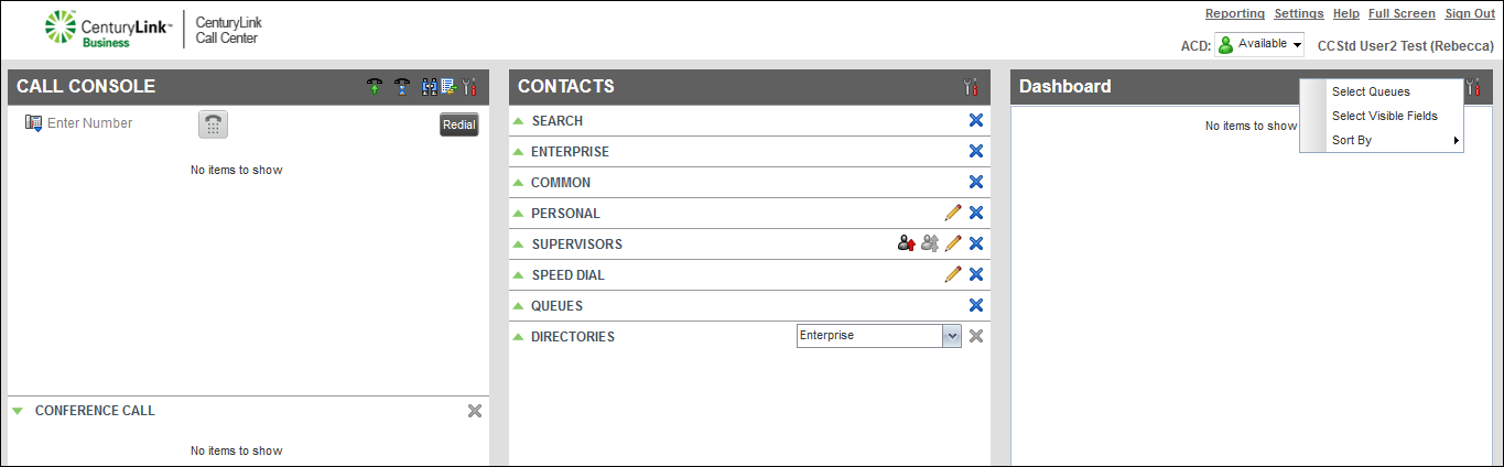 contact center agent client dashboard options