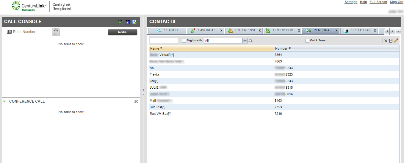 Contacts pane (showing Personal tab)