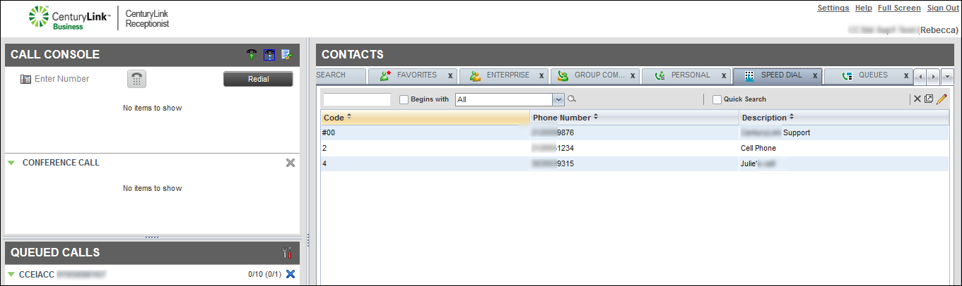 Contacts pane (showing Speed Dial tab)