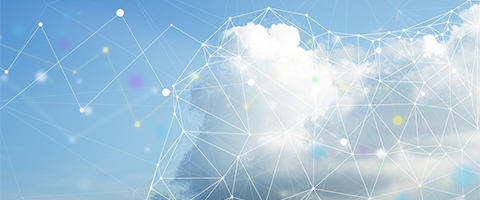 A digital illustration of a large white cloud formation against a blue sky, overlaid with a white geometric network of interconnected dots and lines suggesting data networking or cloud connectivity.