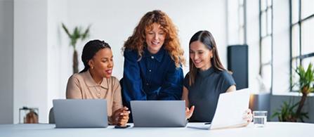 Colleagues collaborate around a workstation while discussing information displayed on a laptop. 