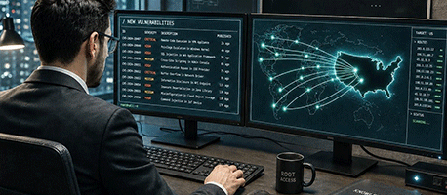  A cybersecurity analyst reviews threat intelligence and network activity across multiple displays.