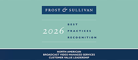 Graphic image of the award badge reading Frost and Sullivan 2026 best practices recognition, North American broadcast video managed services customer value leadership. 