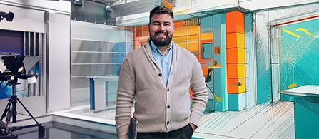 Broadcast personality in casual cardigan stands smiling in front of studio production set.