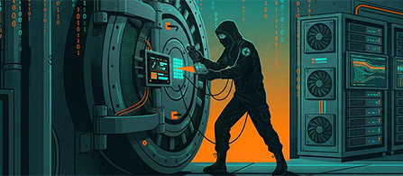 Illustration of a hooded figure attempting unauthorized access to a secure digital vault beside server infrastructure. 