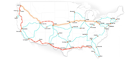Outline map of continental United States with blue and orange lines depicting network routes between major cities. 