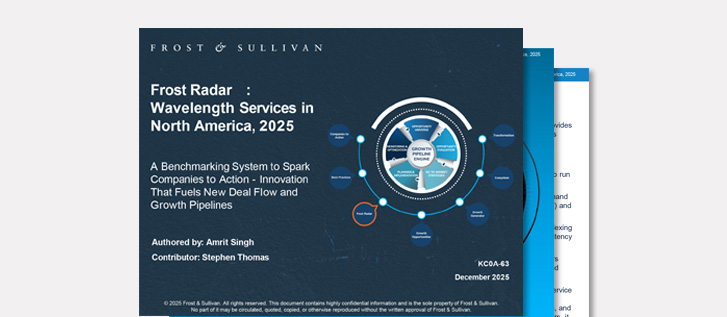 Cover of Frost & Sullivan’s “Frost Radar: Wavelength Services in North America, 2025” report featuring a circular benchmarking graphic.