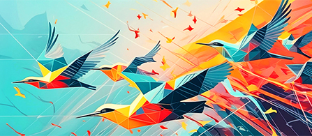  Highly stylized graphic depiction of multicolored birds flying from right to left. 