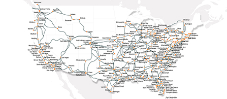 Map of continental United States with graphic lines representing networking line connecting major cities across the country. 