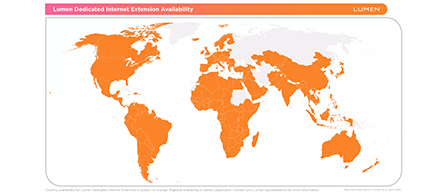 A world map titled 'Lumen Dedicated Internet Extension Availability' with many countries shaded in orange to indicate service availability, on a white card with a purple header bar and the Lumen wordmark in the top right corner.