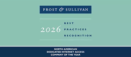 A light teal award badge with a dark navy header reading 'Frost & Sullivan.' The center displays '2026 Best Practices Recognition' and the bottom reads 'North American Dedicated Internet Access Company of the Year.'
