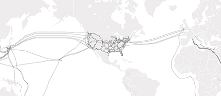 A light gray world map overlaid with thin white network lines that concentrate densely across the United States and extend in long routes across the oceans to other continents, depicting a global network.