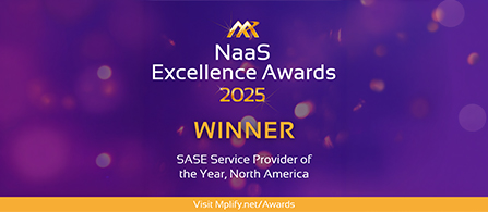 An award graphic on a purple gradient background with a bokeh light effect. The Mplify logo appears at the top in gold, followed by white text reading 'NaaS Excellence Awards 2025,' bold gold text reading 'WINNER,' and white text reading 'SASE Service Provider of the Year, North America.' A small URL appears at the bottom.