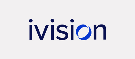 The ivision wordmark logo on a white background. 'ivision' is written in lowercase dark navy lettering with the letter 'o' stylized as a blue circular swirl icon.