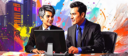 A stylized, painterly illustration of two people in dark business suits seated at a table with an open laptop between them, looking toward each other. The background is a burst of colorful paint splatters in pink, orange, blue, and green, with server racks suggested on the left.