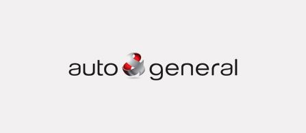 A logo centered on a light gray background. Gray lowercase text reads “auto general,” separated by a stylized red and silver sphere in place of an ampersand.