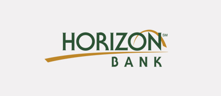 A logo centered on a light gray background. Dark green serif capital letters spell “HORIZON” above the word “BANK,” with a curved gold arc sweeping beneath and rising through the letters like a sunrise.
