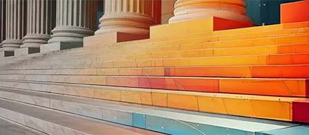 A stylized image of classical building steps and columns rendered in a gradient of warm colors from beige to orange. The stone steps lead up toward tall columns, evoking a government or institutional building.