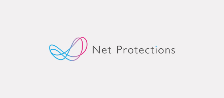 Logo for Net Protections. To the left is a looping ribbon-like icon drawn in overlapping blue, purple, and pink lines. To the right, the words Net Protections appear in gray text, with a pink dot above the letter i. The background is white.