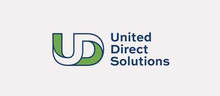 Logo for United Direct Solutions. On the left, a monogram of the overlapping letters U and D is formed from a blue U and a green D shape. To the right, the words United Direct Solutions appear stacked on three lines in bold dark blue text. The background is white.