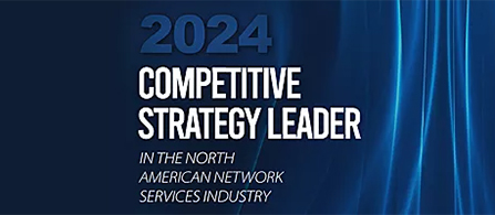 A promotional graphic on a dark blue background with flowing vertical light streaks. Bold white and light-blue uppercase text reads “2024” at the top, then “COMPETITIVE STRATEGY LEADER,” and in smaller italic text “IN THE NORTH AMERICAN NETWORK SERVICES INDUSTRY.”