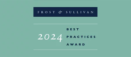 An award graphic on a muted sage-green background. At the top, a dark navy rectangle holds the white text “FROST & SULLIVAN.” Below, large light-colored text reads “2024” beside “BEST PRACTICES AWARD,” separated by a thin horizontal line.
