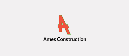 The Ames Construction logo: a bold red stylized letter 'A' with a triangular cutout, beside the text 'Ames Construction' in dark gray sans-serif type.