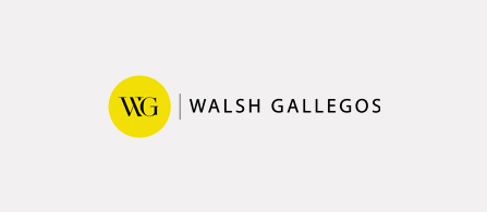 The Walsh Gallegos logo: a yellow circle containing the bold initials 'WG' in white, beside a vertical divider and the text 'WALSH GALLEGOS' in dark gray uppercase letters.