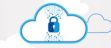 A stylized illustration of a blue cloud outline filled with circuit board lines and a padlock icon at the center, representing cloud security. Lighter cloud shapes appear in the background on a pale gray surface.