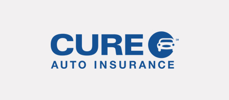 The CURE Auto Insurance logo in bold dark blue text with a small car icon to the right of the word CURE and the words AUTO INSURANCE in smaller uppercase letters below, on a white background.