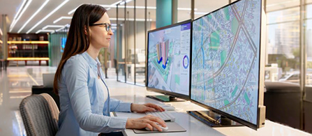A person wearing glasses and a light blue shirt sits at a workstation with two large monitors displaying detailed map and geographic data visualizations. They are viewed from the side in a modern office setting.