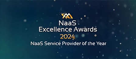 Award graphic on a dark navy background scattered with light specks. A gold geometric mountain-shaped emblem sits above white text reading 'NaaS Excellence Awards 2024' and 'NaaS Service Provider of the Year.'