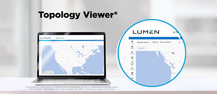 A laptop on a desk displays the Lumen Topology Viewer with a U.S. map; a magnified circular inset highlights the interface. The title 'Topology Viewer' appears at upper left over a softly blurred background.