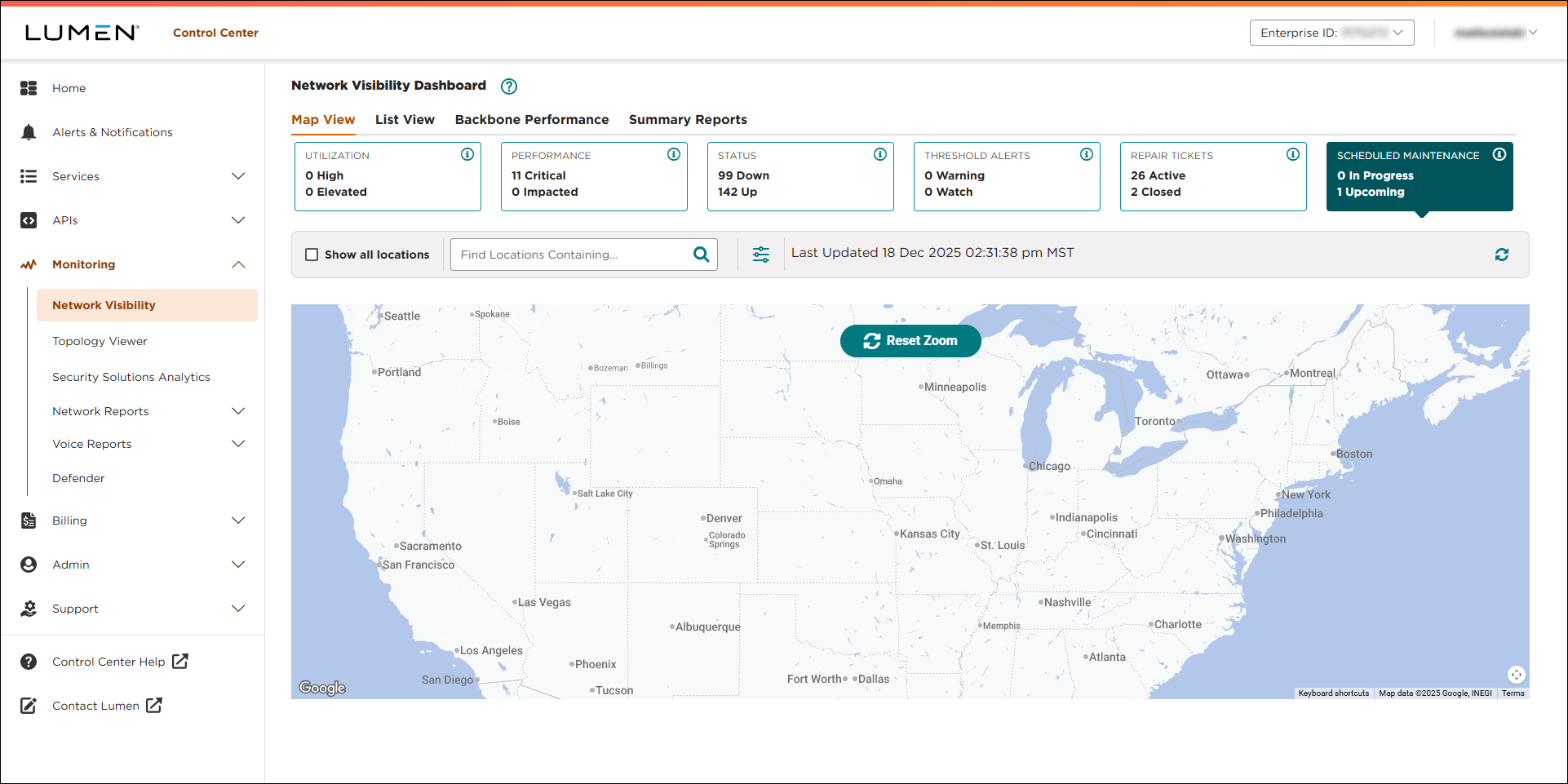 Network Visibility (showing Scheduled Maintenance tile)