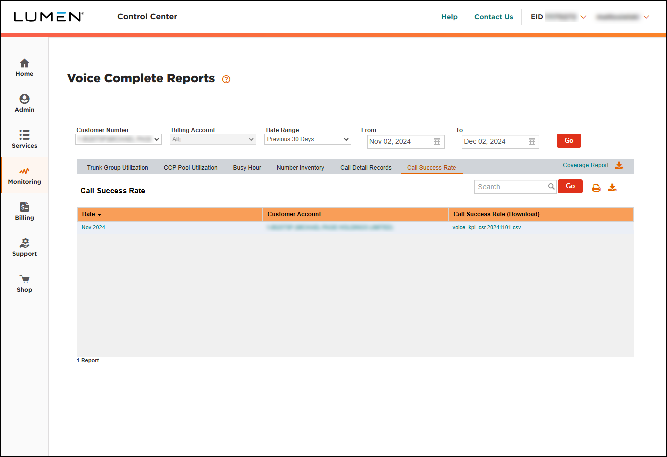 Voice Complete Reports (showing Call Success Rate tab)