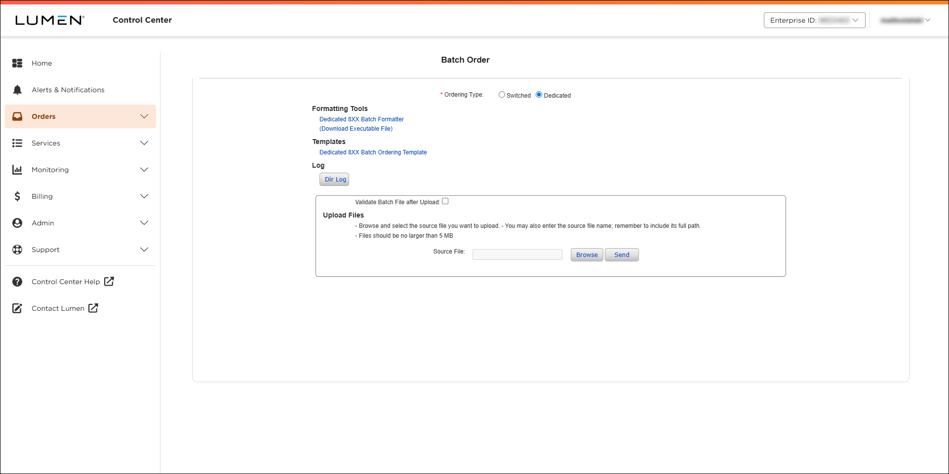 Batch Order (showing Dedicated selected)