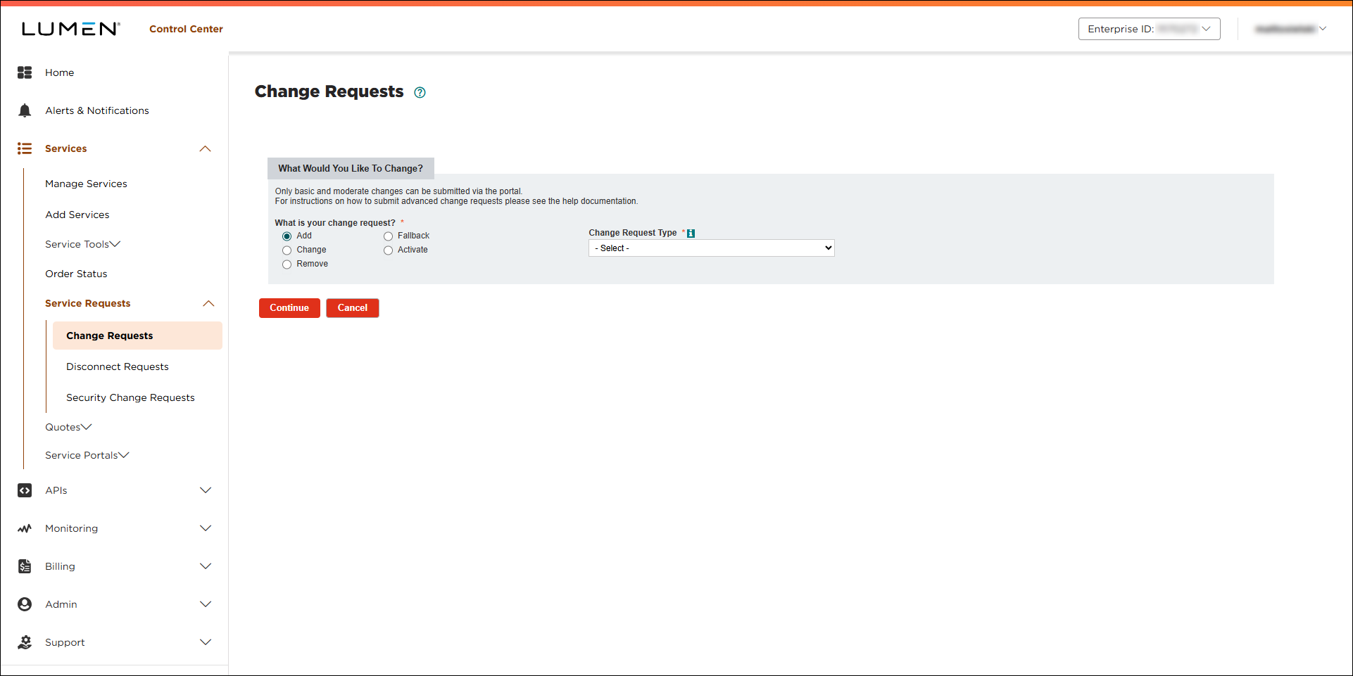 Change Requests (showing options for Managed Network Services)
