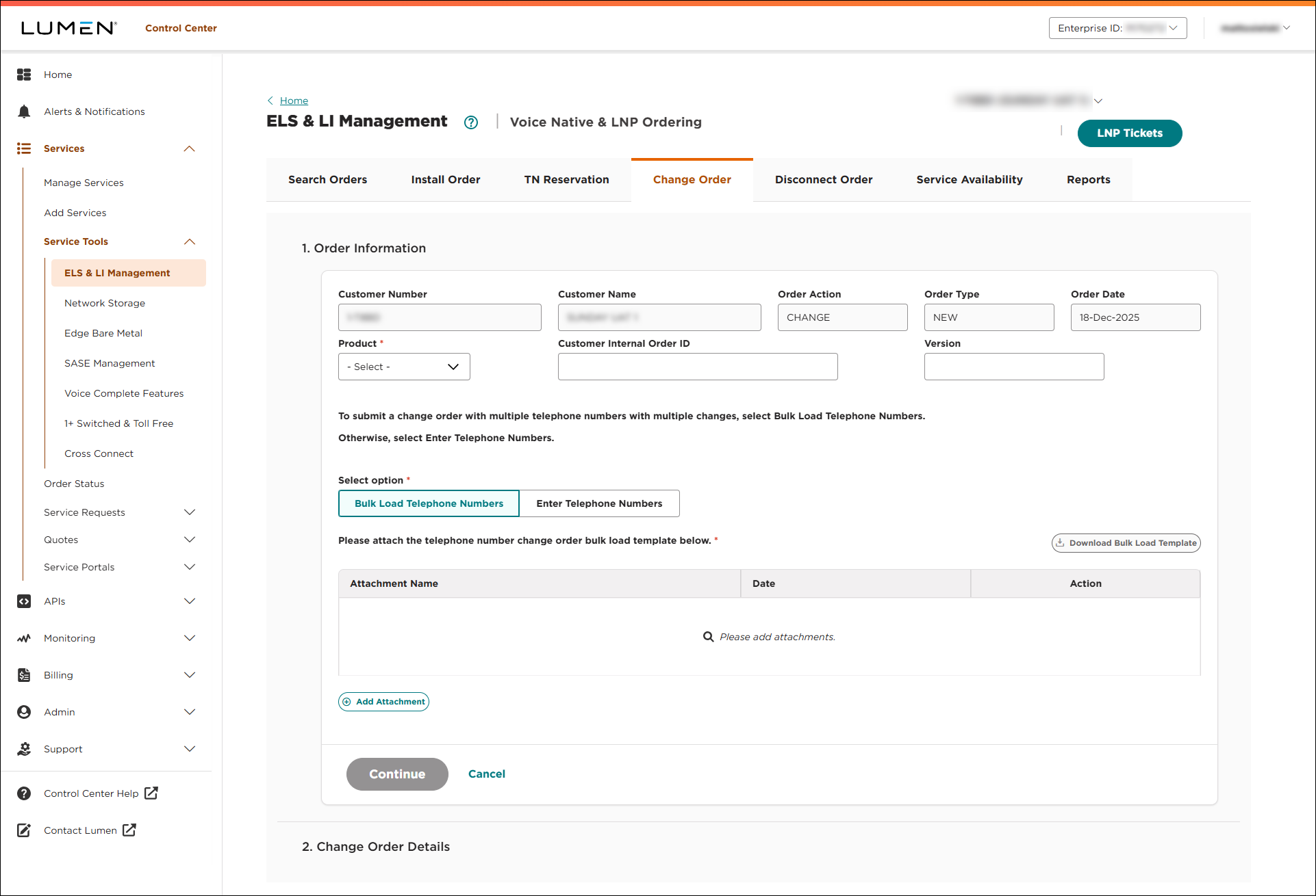 ELS & LI Management (showing Change Order tab)